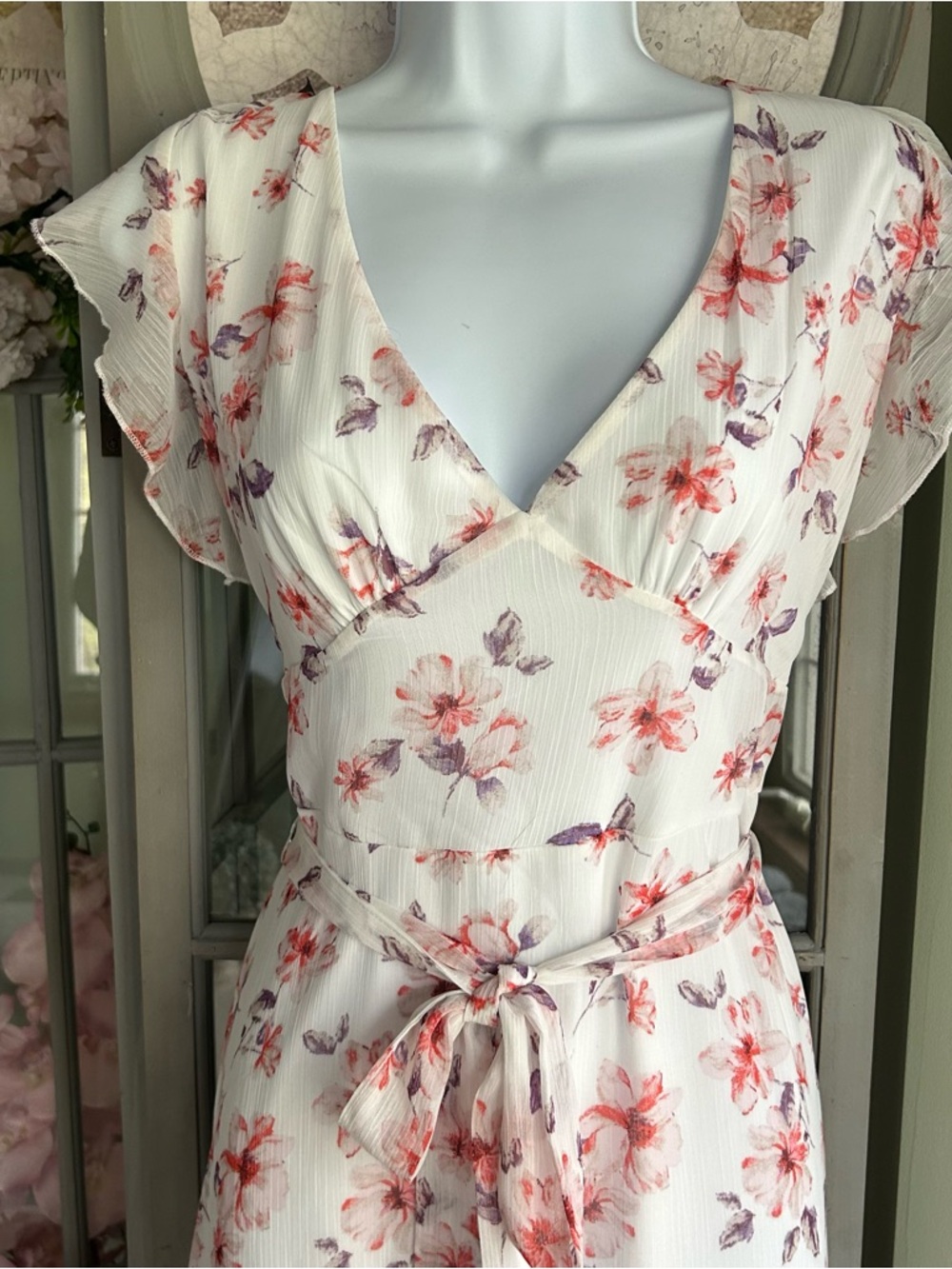 Asymmetrical High-Low Midi Dress Flutter Sleeves Ruffles Pink White Floral Sz XL - Picture 3 of 9